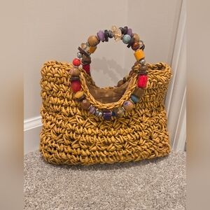 Cappelli Straworld Mustard Handwoven Tote with Colorful Beaded Handles